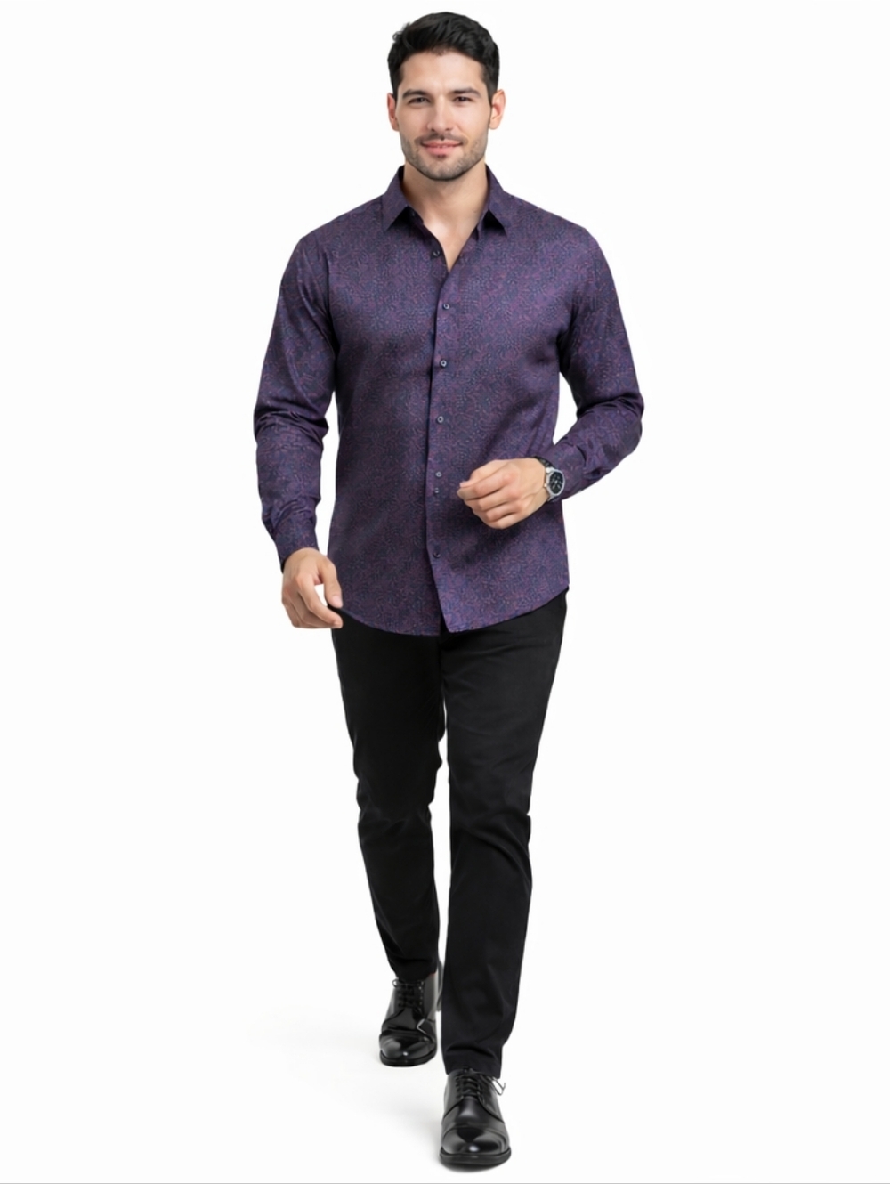 7 Diamonds Large Midnight Blue Purple 4-Way Stretch Traveling Light Dress Shirt